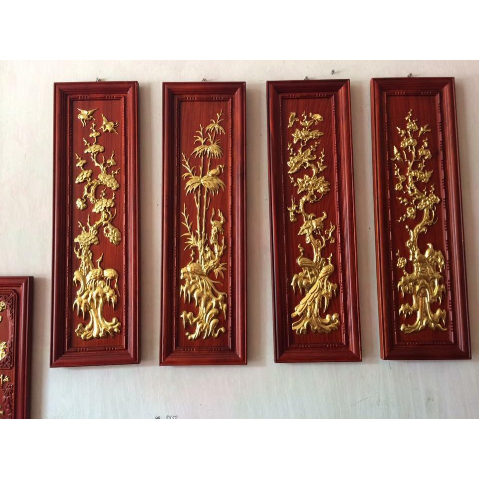 Tranh tứ quý tích tùng cúc trúc mai gỗ hương dát vàng