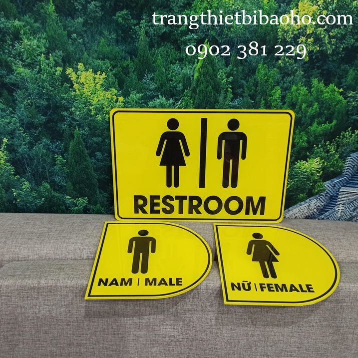 Biển báo nhà vệ sinh Restrom nam nữ chất liệu mica dán decal - hình thật