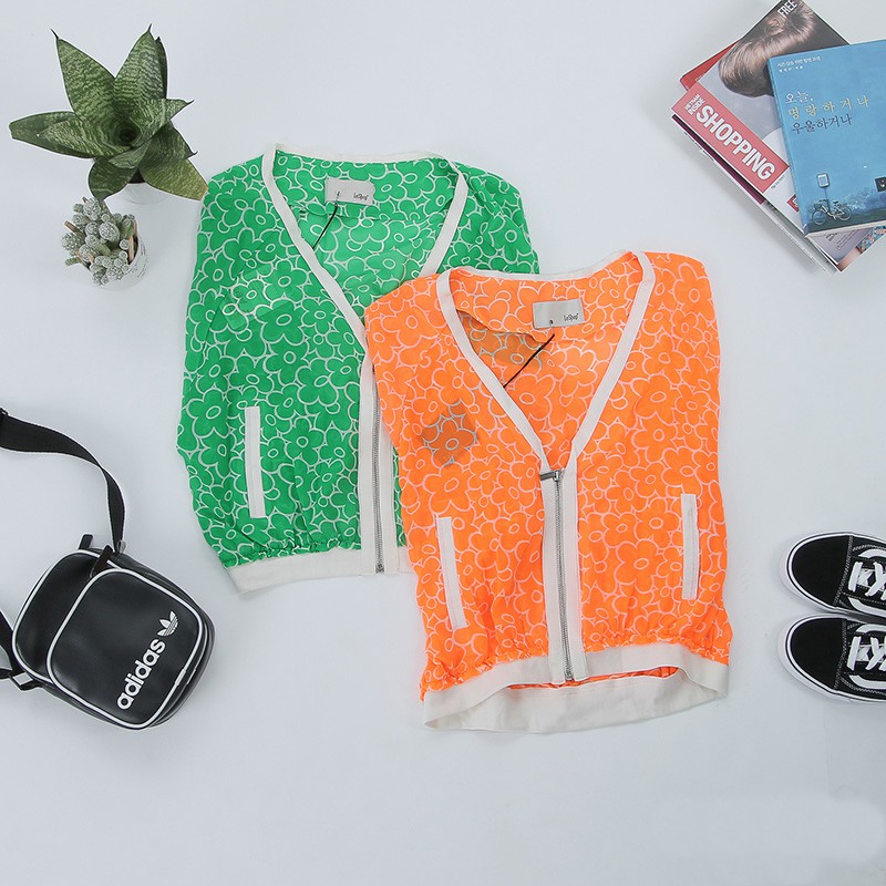 Áo khoác jacket nữ tay dài CAM &amp; XANH &amp; HỒNG in họa tiết (size S &amp; M)