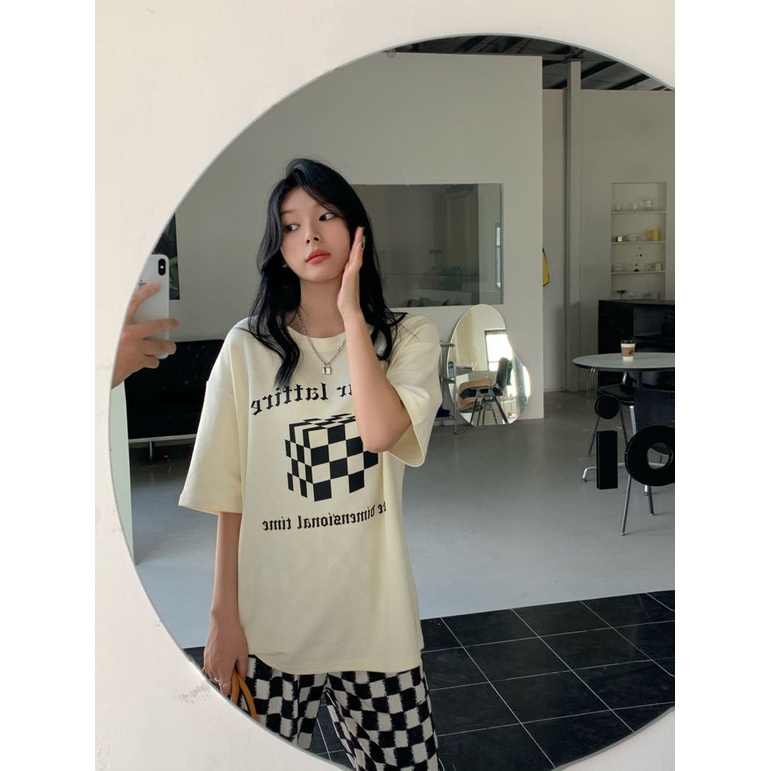 Áo Thun Tay Ngắn Cổ Tròn Dáng Rộng In Họa Tiết Caro Phong Cách Hàn Quốc Thời Trang
