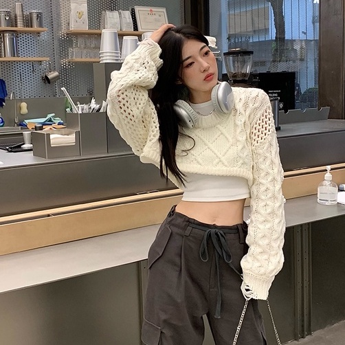 Porozi  Áo sweater Áo croptop dệt kim tay dài dáng ngắn phong cách Hàn Quốc thời trang cho nữ