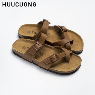 Dép unisex  HuuCuong xỏ ngón da bò nâu đế trấu