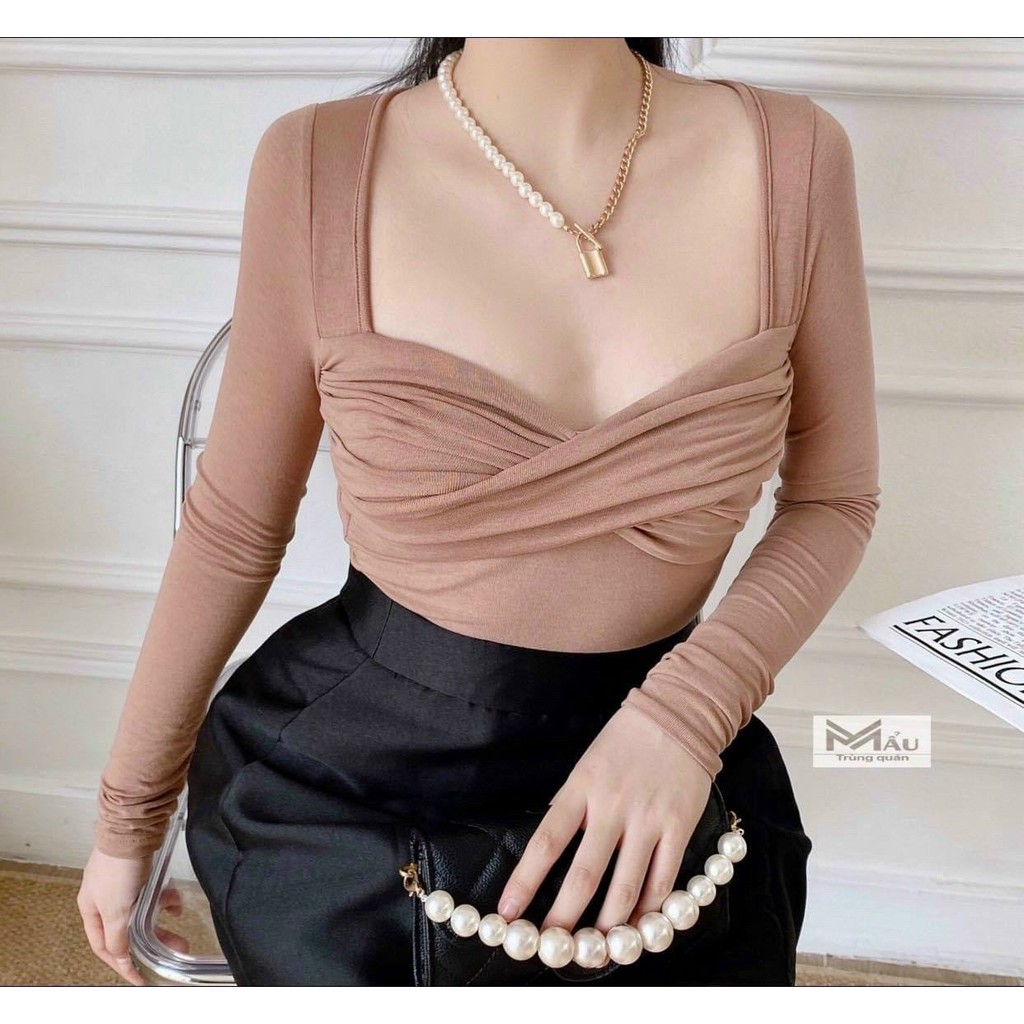 Áo kiểu nữ cổ vuông tay dài xoắn ngực chất borip đẹp LY4850