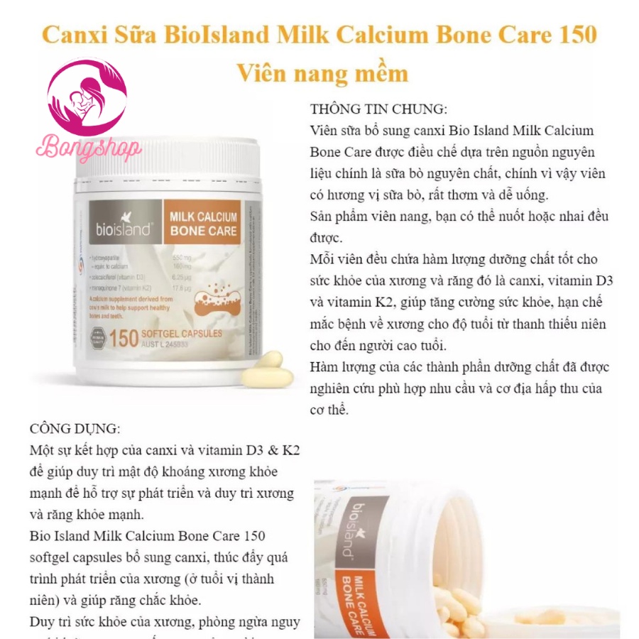 Bio Island Milk Calcium Bone Care 150 viên bổ sung canxi, hỗ trợ xương khớp