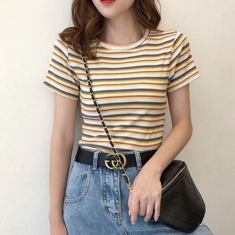 Áo Thun Nữ MIESU Ngắn Tay Croptop Kẻ Sọc Chất Len Dệt Kim Cao Cấp Hàng Quảng Châu