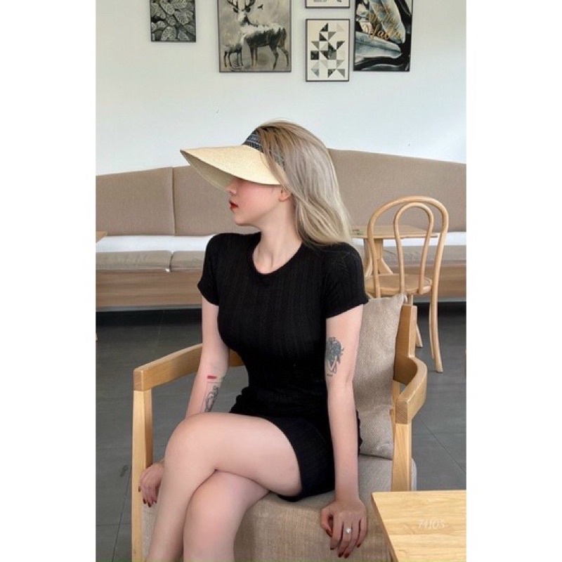 Đầm body cổ tròn chất len gân dày dặn, váy tay ngắn ôm body len QC D3131