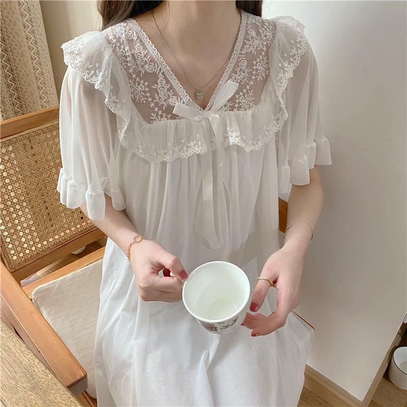 Long Skirt Short Sleeved Nightwear Bigsize Short Sleeve Nightgown With Lace Mesh Lace New Summer Fashion Style