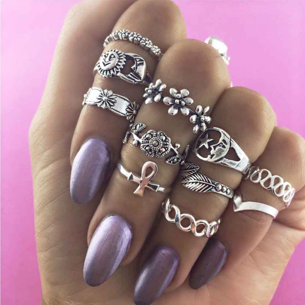 Set 11 Nhẫn Đeo Tay Kim Loại Phong Cách Retro Thời Trang