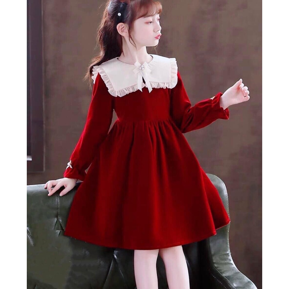 Váy nhung đỏ diện TẾT  cho bé gái (10-45Kg)_Hàng thiết kế