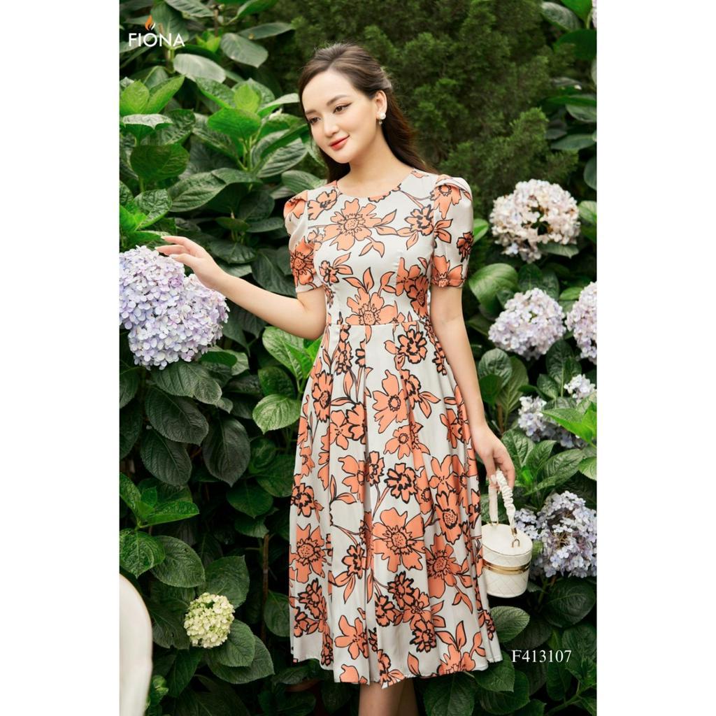 Đầm thiết kế cao cấp FIONA váy công sở nữ dáng dài xếp ly tay bồng họa tiết hoa lụa 3D trẻ trung F413107