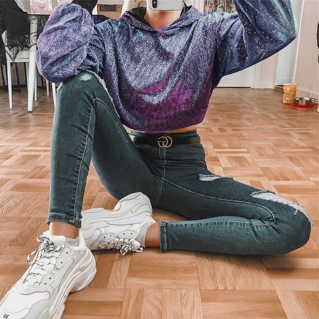 ✨ Áo hoodie croptop có mũ ánh nhũ phản quang lấp lánh dancer bling bling