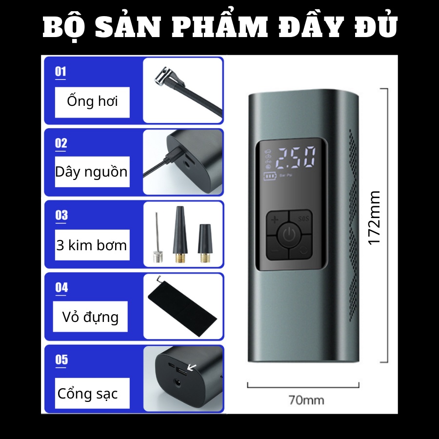 Máy bơm lốp ô tô mini đa năng không dây nhỏ gọn, bơm xe hơi xe máy xe đạp... tích hợp đèn pin, xạc dự phòng điện thoại