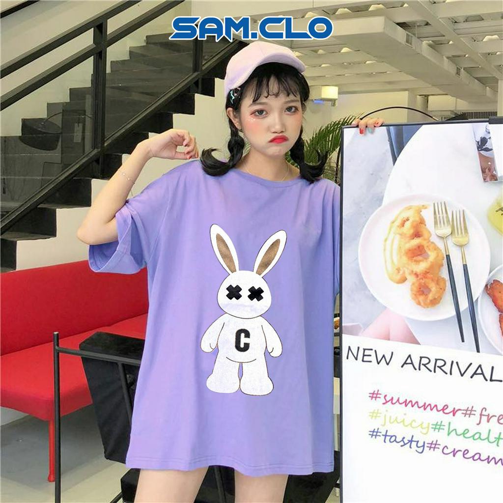 Áo thun nữ tay lỡ SAM CLO freesize phông form rộng dáng Unisex - áo lớp, nhóm, couple in THỎ TRẮNG