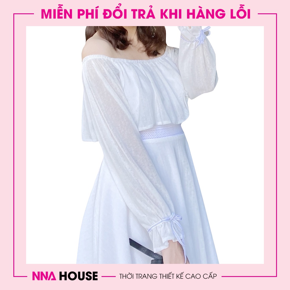 Váy đầm trễ vai dài tay dáng xòe - Đầm thiết kế dự tiệc trắng 2 lớp dài tay tiểu thư lịch lãm NNAHOUSE Mã NA219 | BigBuy360 - bigbuy360.vn