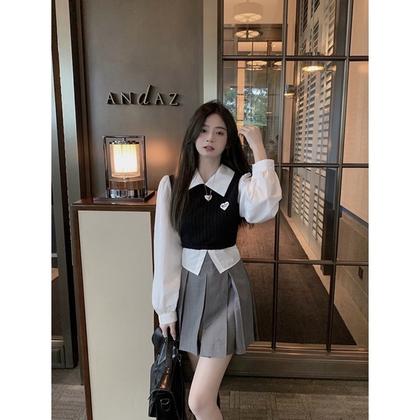 Set Ulzzang Áo Sơ Mi Giả 2 Mảnh + Chân Váy Xếp Ly Lưng Cao Mẫu Mới Nhất Cho Nữ