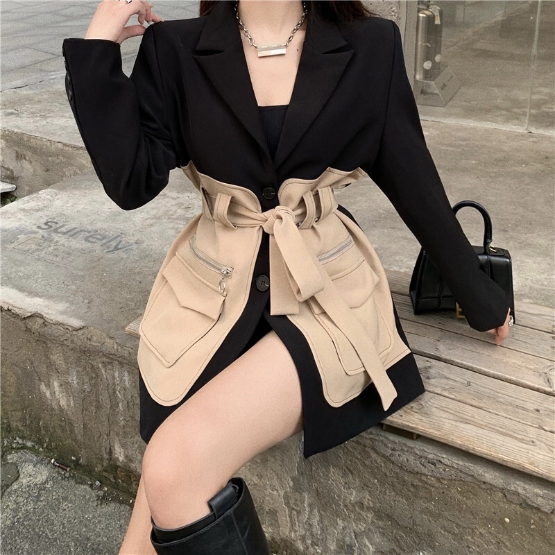 Đầm vest mix 2 màu,có dây thắt eo tôn dáng