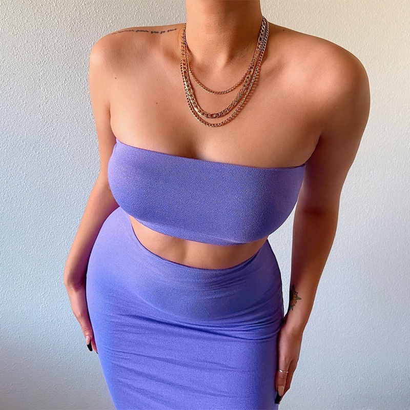 DUNEA Set áo ống + chân váy lưng cao dáng dài gợi cảm cho nữ