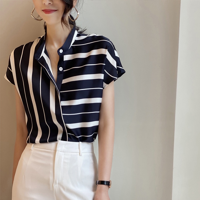 Áo Sơ Mi Chiffon Ngắn Tay Cổ Đứng Họa Tiết Kẻ Sọc Thời Trang Mùa Hè Cho Nữ