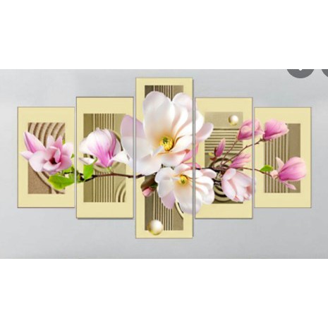 TRANH THÊU HOA GHÉP 5 BỨC NGỌC LAN KHOE SẮC LV3018 (120X58)