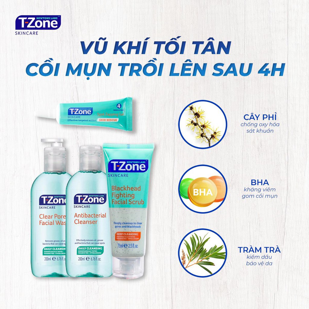 Combo 4 sản phẩm T-Zone ngăn ngừa mụn tràm trà gel rửa mặt + tẩy da chết + toner + gel chấm mụn