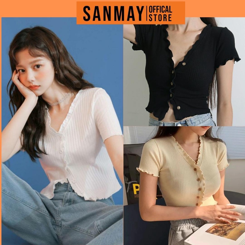 Áo Kiểu Croptop Nữ SANJOLI Áo Croptop tay ngắn Ôm body Ulzzang Bánh Bèo Hàn Quốc AO037