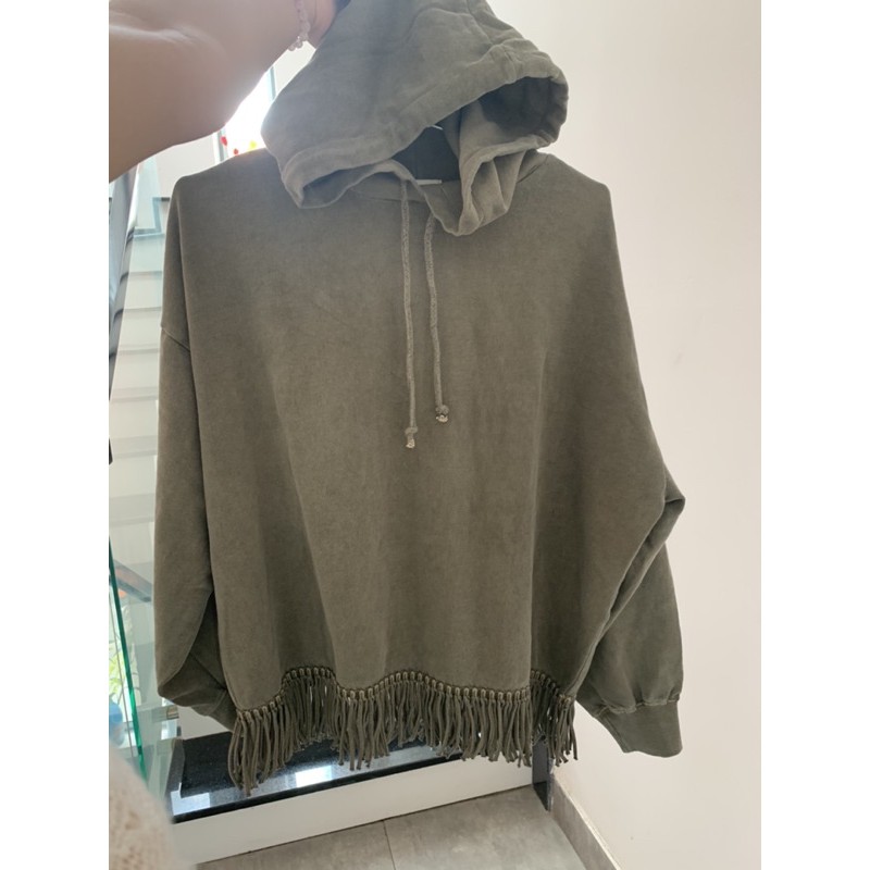 Áo hoodie tua rua độc lạ màu rêu bụi