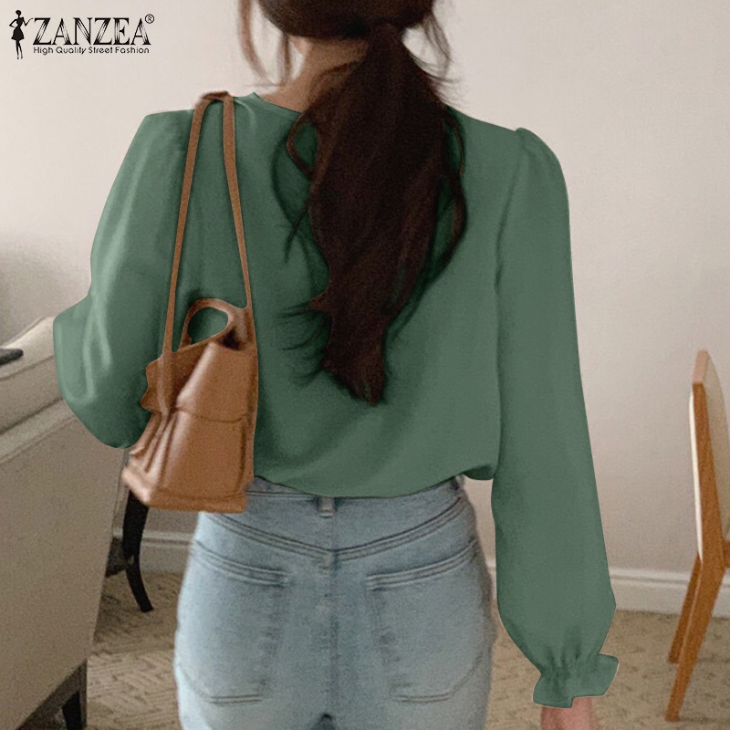 Áo ZANZEA tay dài cổ tròn màu trơn phong cách Hàn Quốc thường ngày dễ phối đồ cho nữ