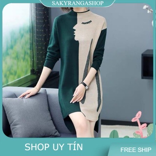 Đầm len suông phối màu cao cấp