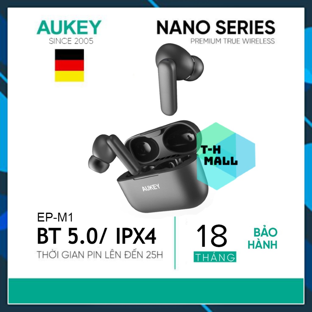 Tai Nghe True Wireless AUKEY EP-M1 Bluetooth 5.0 Pin Lên Tới 25H Cảm Ứng Chống Nước IPX5 Nghe Độc Lập 2 Tai