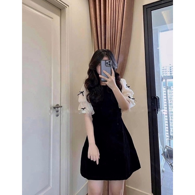 Váy Nhung Đen Phối Tay Bồng Đính Nơ (hình thật) Đầm Đi Tiệc Xinh Xắn Chuẩn Form Dáng - Ngọc Uyên Store