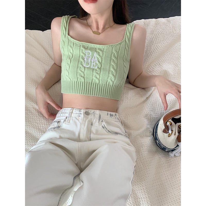 HUANG YOYO Áo Croptop Dệt Kim Hai Dây Thêu Họa Tiết Xinh Xắn Theo Phong Cách Mùa Hè Hàn Quốc