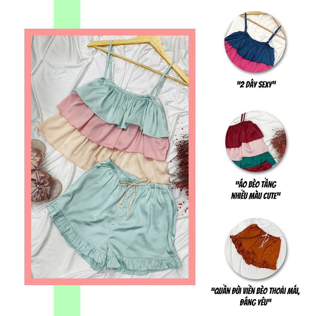 Bộ 2 dây mặc nhà SBORG bộ ngủ lụa latin áo 3 tầng mix màu dễ thương phối quần đùi viền bèo cute freesize dưới 60kg