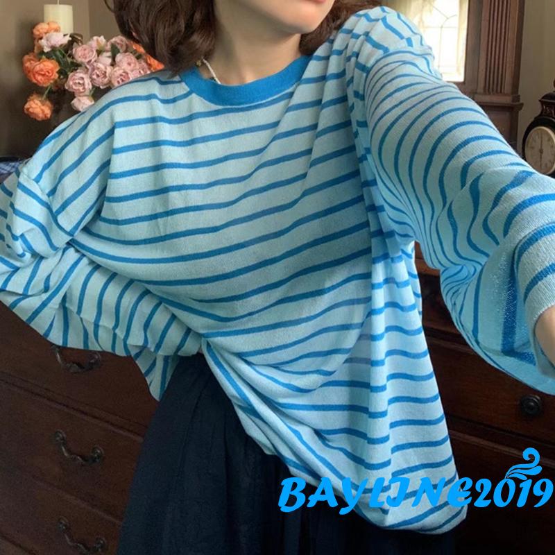 Áo Thun Nữ Dài Tay Cổ Tròn Họa Tiết Sọc Ngang Trẻ Trung Hợp Thời Trang