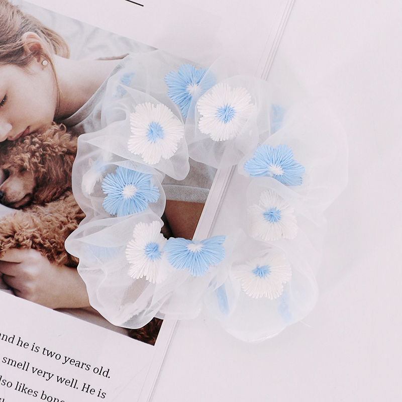 Dây buộc tóc đuôi ngựa vải chiffon họa tiết thêu phong cách Hàn Quốc cho nữ