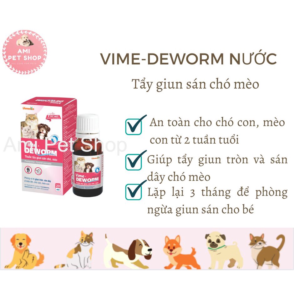 Dung dịch uống hoặc trộn thức ăn hết giun tròn và sán dây trên chó mèo Vemedim Vime-deworm, chai 20ml