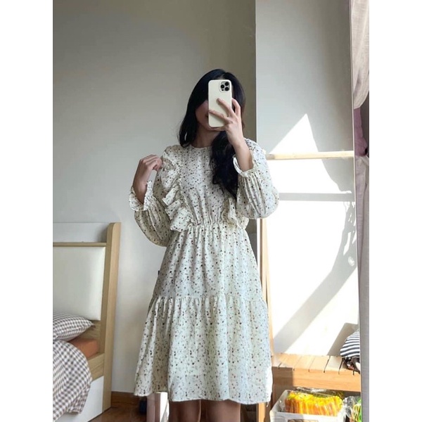 Váy - đầm hoa nhí dài tay có chun eo  A017