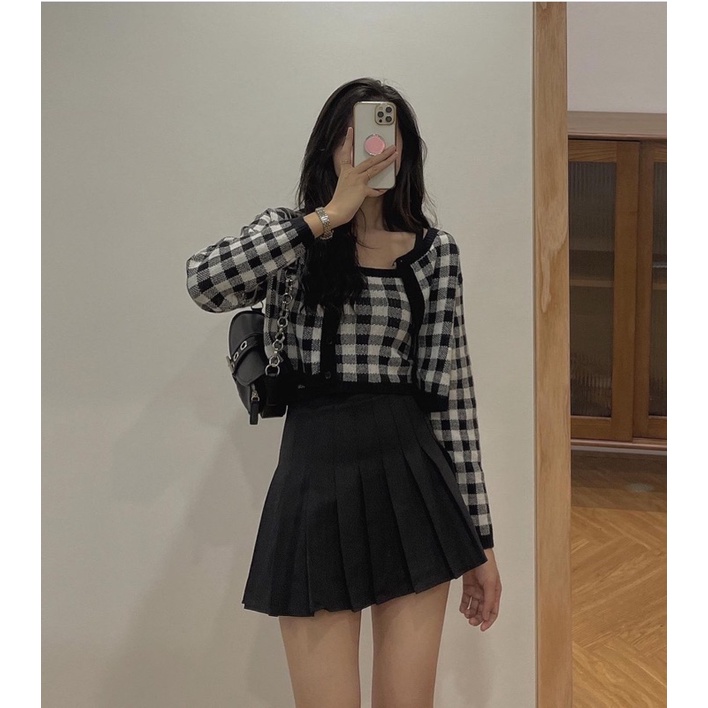 Set áo hai dây len kẻ ô kèm cardigan cùng màu phong cách Hàn Quốc - Xưởng May Hạnh Hồng | BigBuy360 - bigbuy360.vn