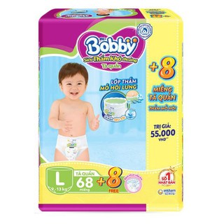 [ Tặng 8 miếng] Tã Bỉm Quần Bobby Siêu Cực Đại size L 68 miếng