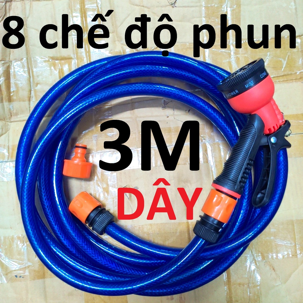 Vòi 8 chế độ phun, 3m dây phun nước rửa xe, tưới cây đa năng