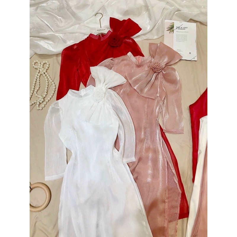 bộ áo dài cách tân có sẵn 3 màu: trắng, đỏ, hồng (kèm ảnh thật)