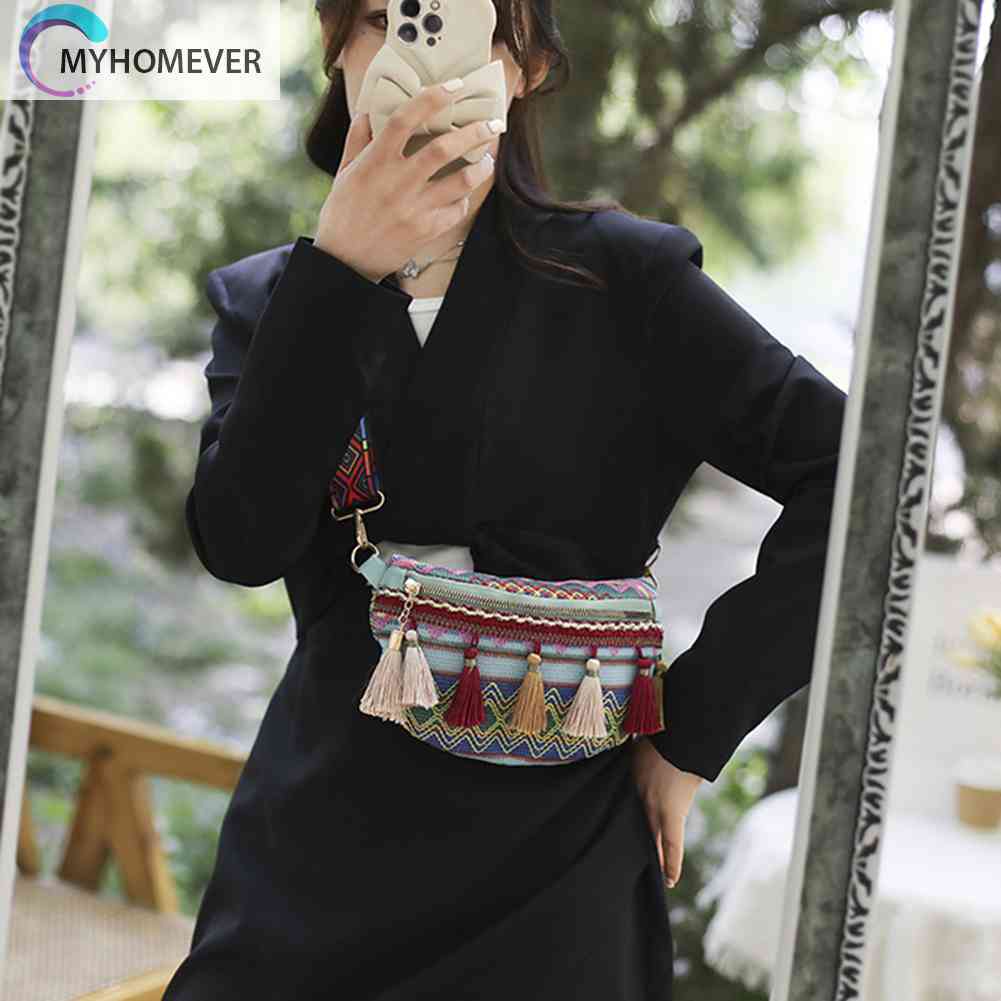 Túi Đeo Chéo Ngực Vải Canvas Phối Tua Rua Phong Cách Thổ Cẩm