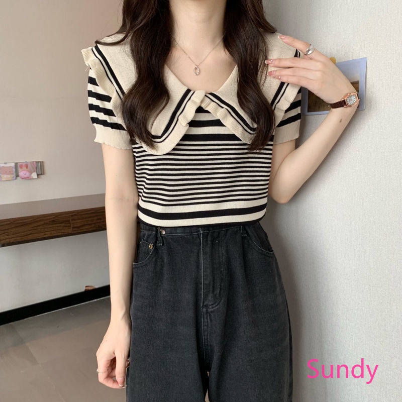Áo Dệt Kim Tay Ngắn Cổ Búp Bê Họa Tiết Kẻ Sọc Thời Trang Mùa Hè Cho Nữ