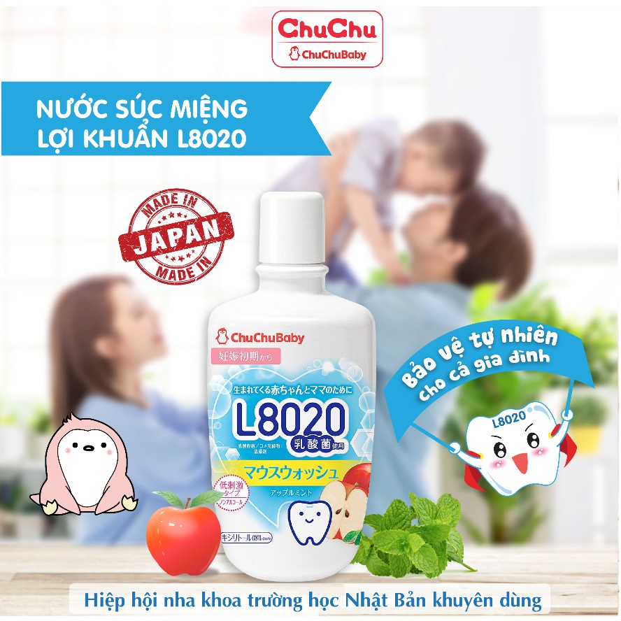 Nước súc miệng lợi khuẩn L8020 cho bé và gia đình vị táo bạc hà Chuchu Baby 300ml HSD T10.2022 chính hãng