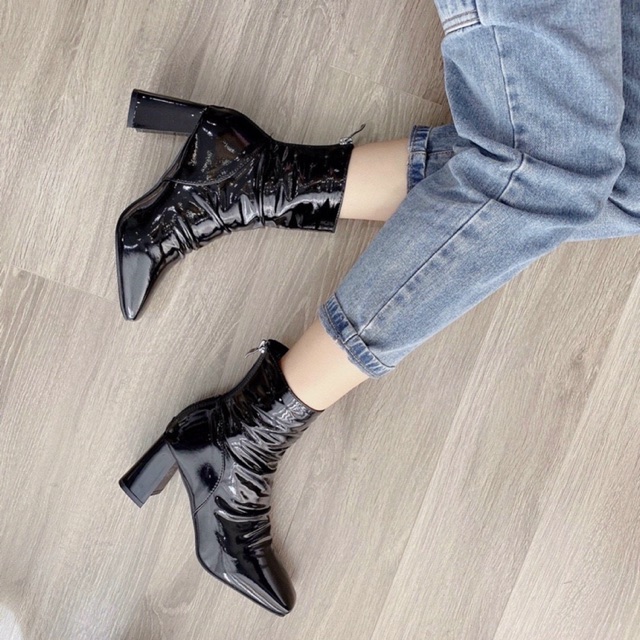 [Bán sỉ Bốt] Giày boots thời trang, Bốt nhúm cổ da bóng gót vuông 8p fullbox hot trend