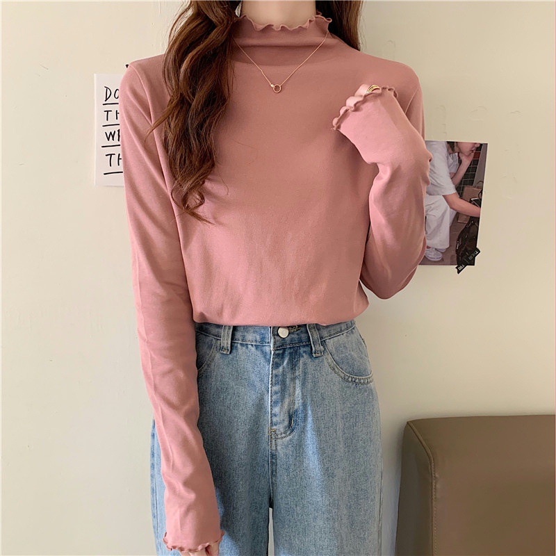 Áo Thun Tay Dài Cổ Cao Màu Sắc Đơn Giản Cho Nữ