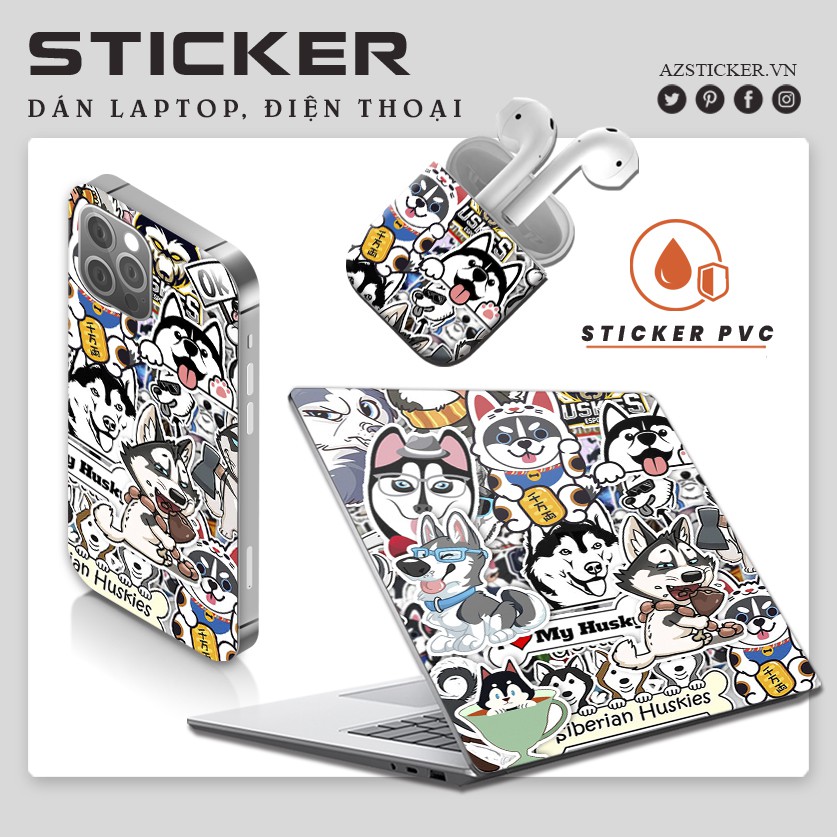 Sticker Chó Husky Cute Dán Mũ Bảo Hiểm Chống Nước | STK39 | Hình Dán Decal PVC Cắt Sẵn Dán Laptop Điện Thoại Bình Nước