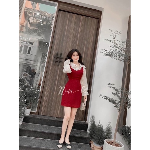 Set yếm dạ đỏ 2 dây áo ren nổi , set trang phục thu đông hàn quốc