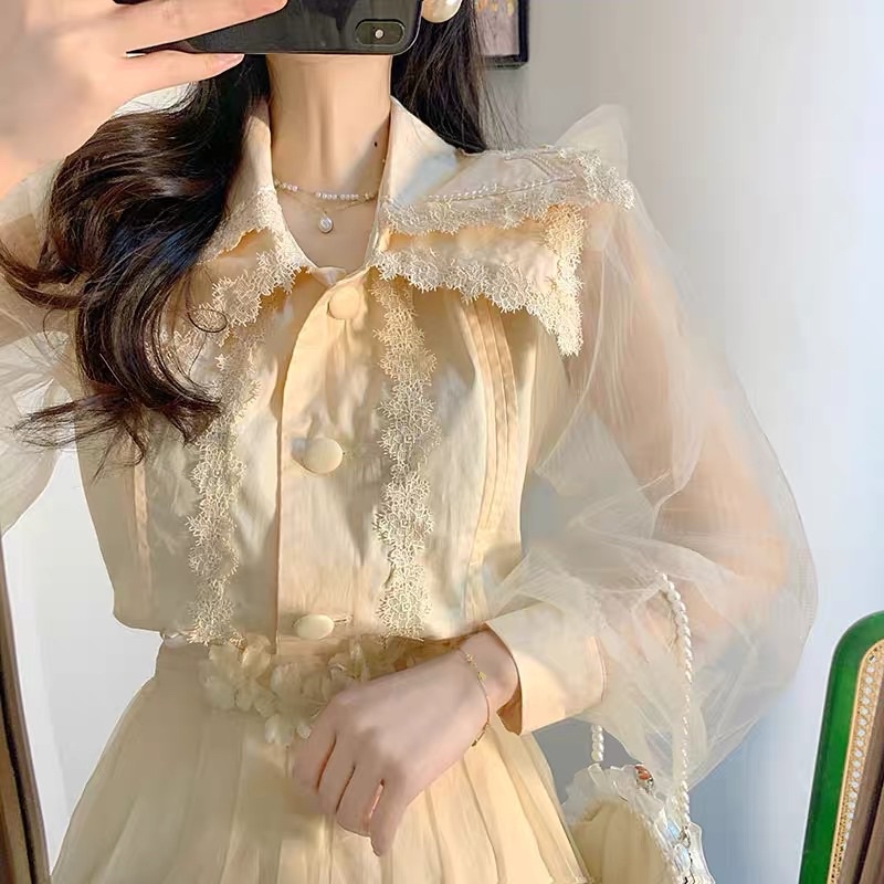 Set áo sơmi voan kiếng hoa văn + chân váy xoè dài