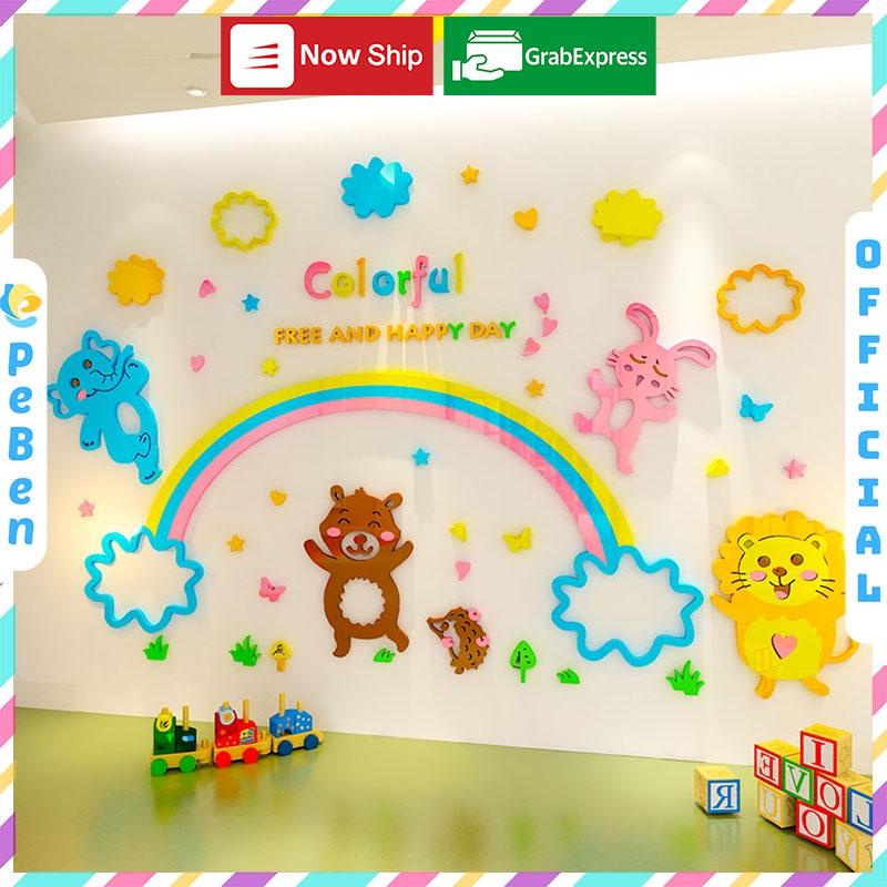 Tranh dán tường mica 3d decor khổ lớn ngày hạnh phúc trang trí mầm non, phòng cho bé Nhiều Size - EPeBen