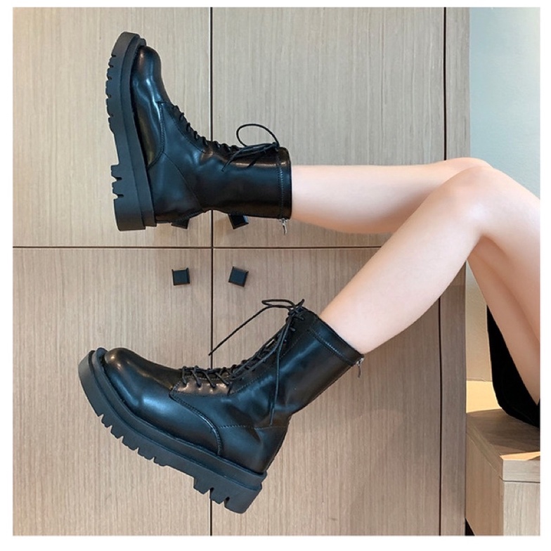 Boots martin cổ ngắn đan dây da mềm đế cao 5cm có khoá kéo